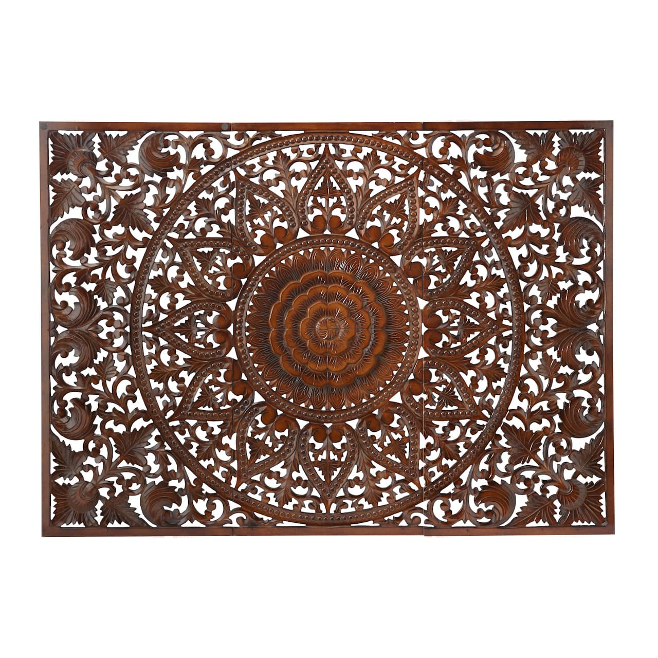 Brown Wood Handmade Intricately Carved Floral Wall Decor with Mandala Design Set of 3 22", 48"